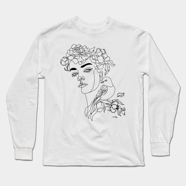 Woman Face with flowers Long Sleeve T-Shirt by OneLinePrint